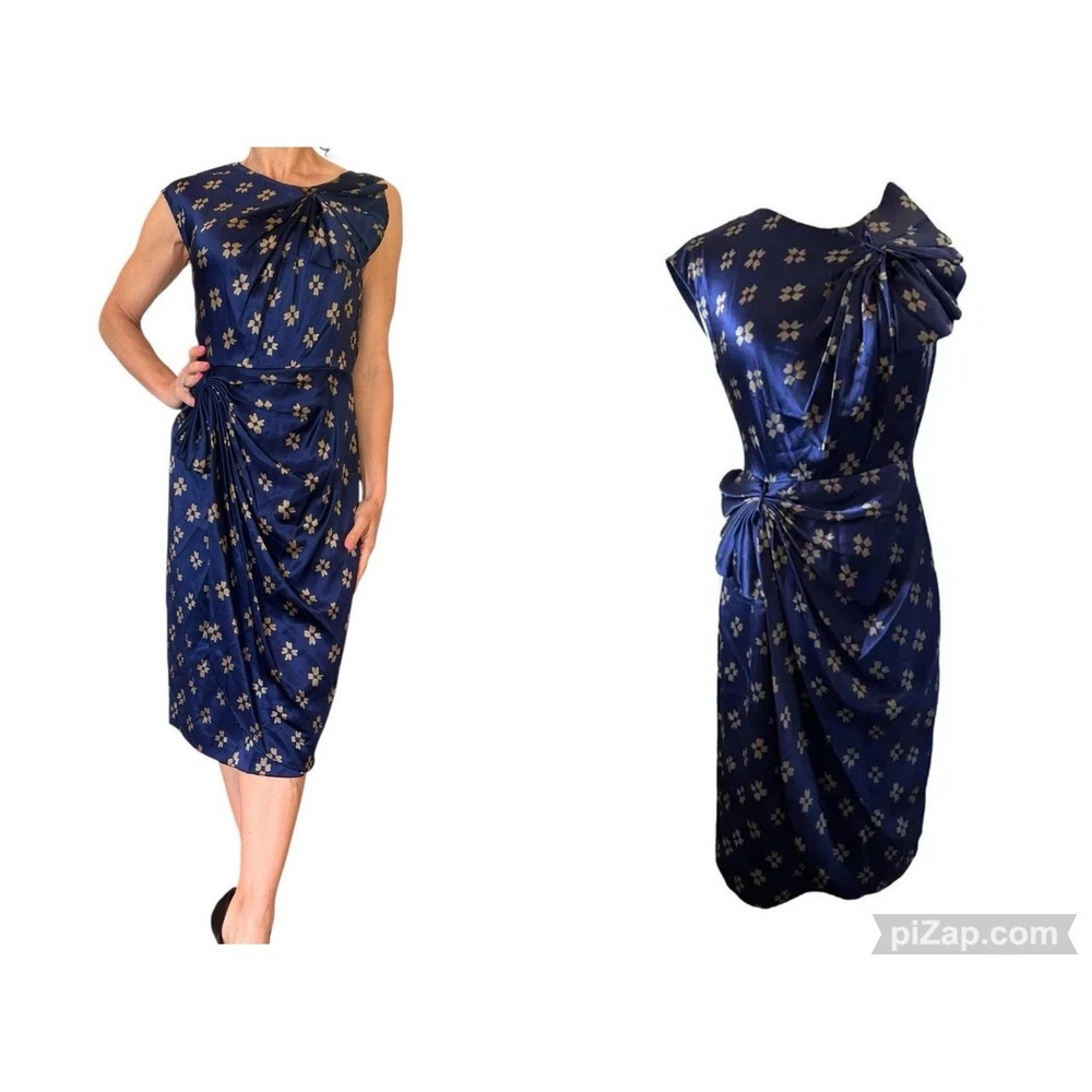 3.1 Phillip Lim Dress Runway Navy Silk Satin Floral Sheath Draped Sleeveless  4